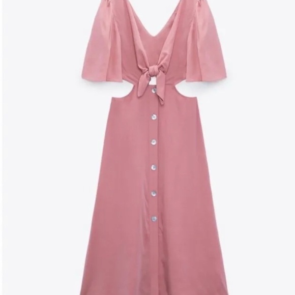 Zara Cut Out Ties V-Neck Button Pink Dress size XS - Picture 3 of 5